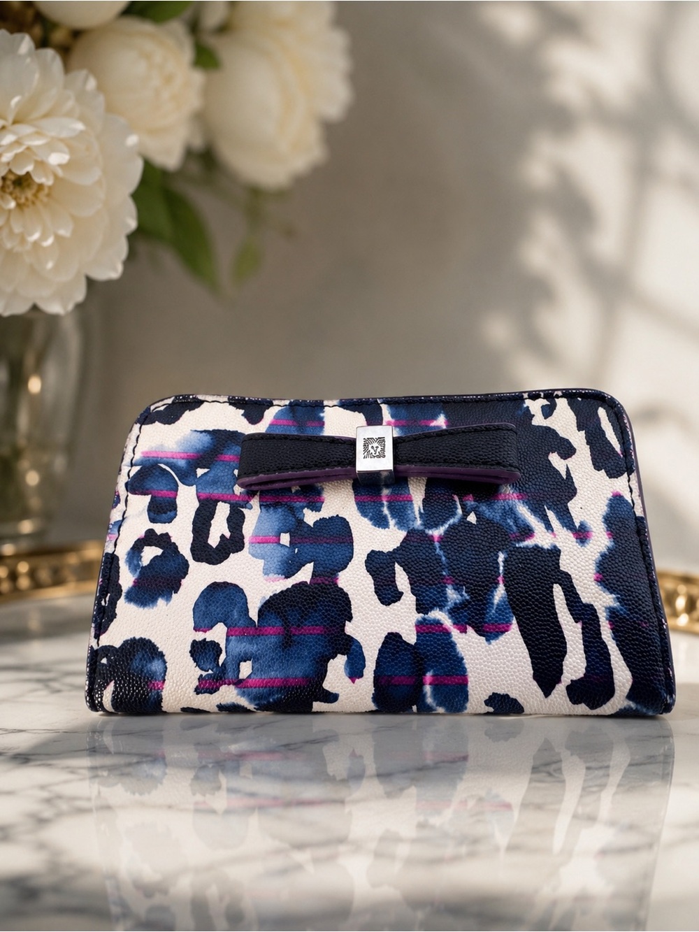 Anne Klein Leopard Print Bow Wallet Blue Purple Animal Print Clutch Organizer
